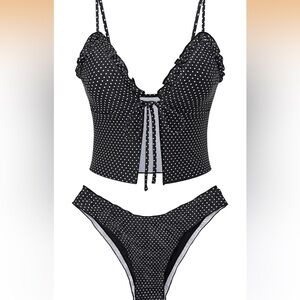 Front Tankini Set Padded Cheeky High Cut
 Swimsuit Black Polka Dot XL/469-bb3